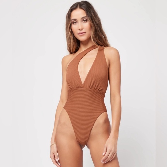 L*Space Brown Allegra Plunge Tie Ribbed Classy One Piece Swimsuit in Coffee - Picture 12 of 15
